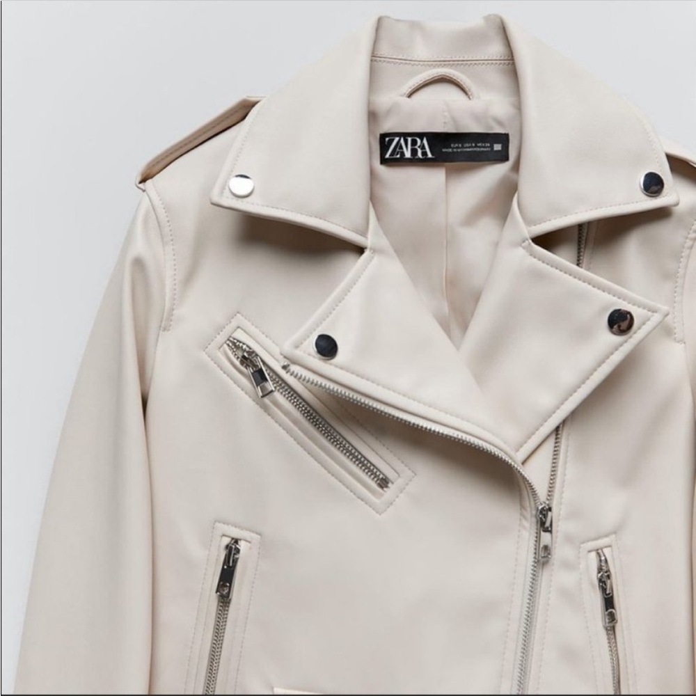 Zara Beige Faux Leather Biker Moto Jacket Sz:XS - Picture 7 of 7